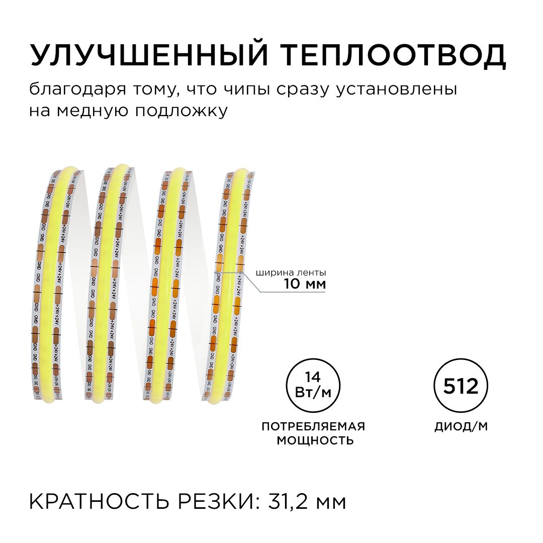 фото лента apeyron 14w/m 512led/m cob холодный белый 2m 197оо | 220svet.ru