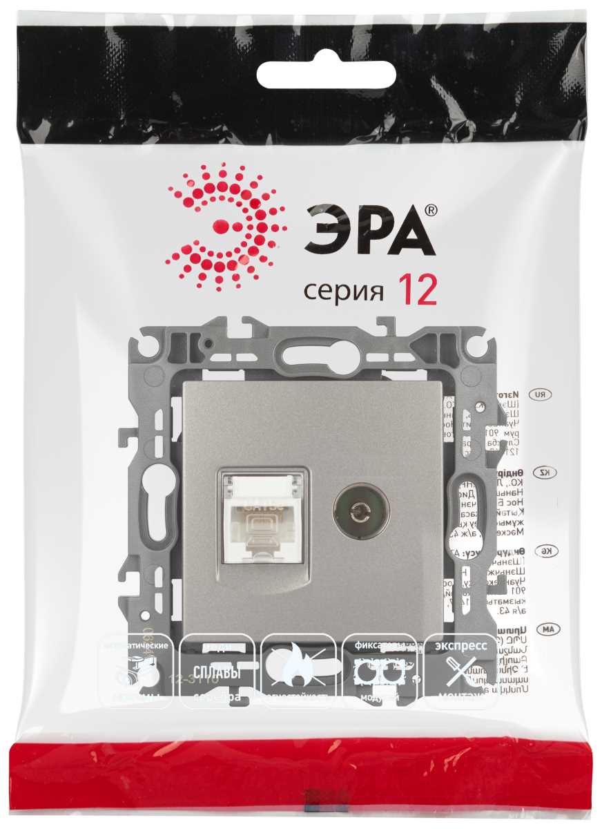 фото розетка эра серия 12 12-3110-16 комбинированная rj45+tv, титан б0065646 | 220svet.ru