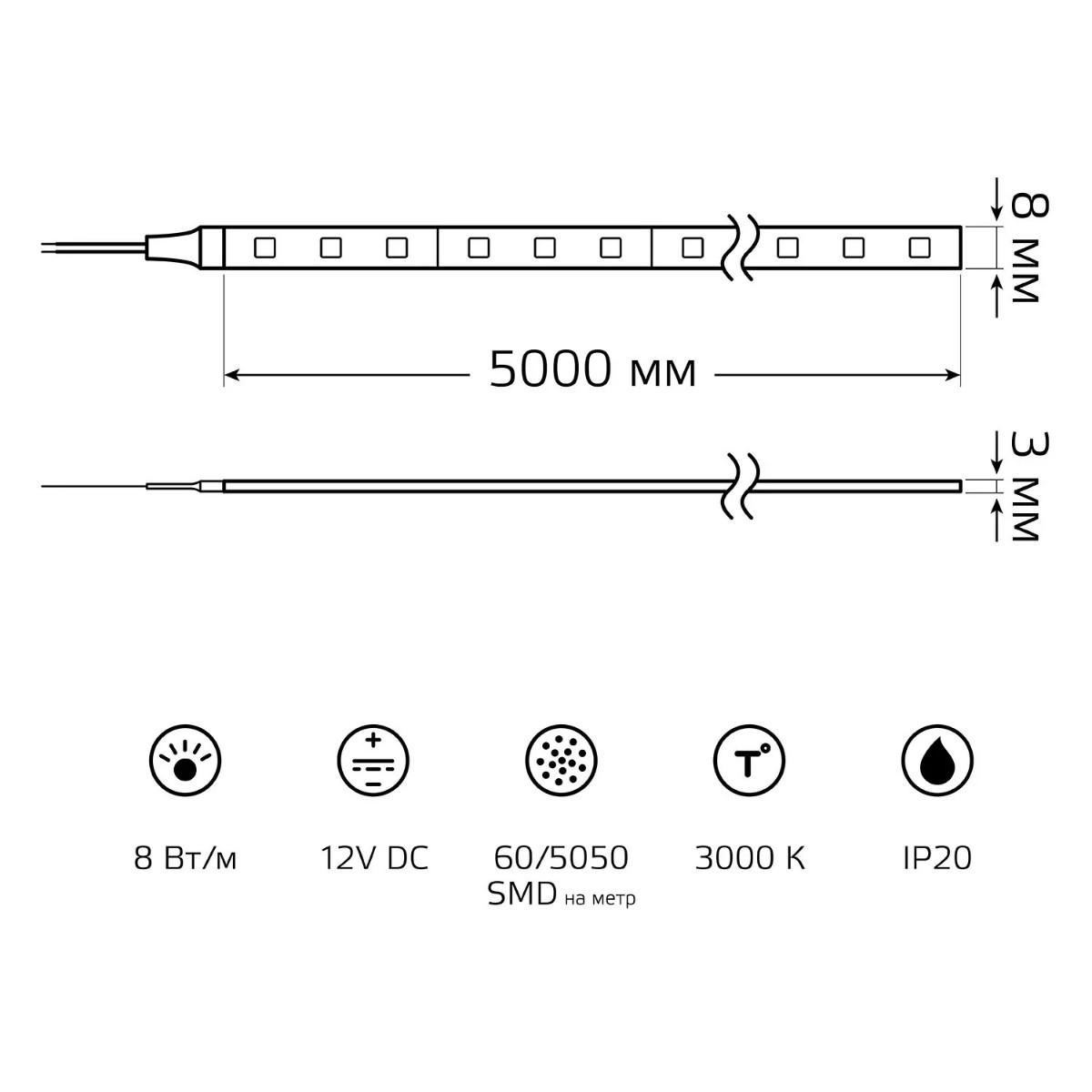 фото лента gauss 8w/m 60led/m 5050smd теплый белый 5m bt024 | 220svet.ru